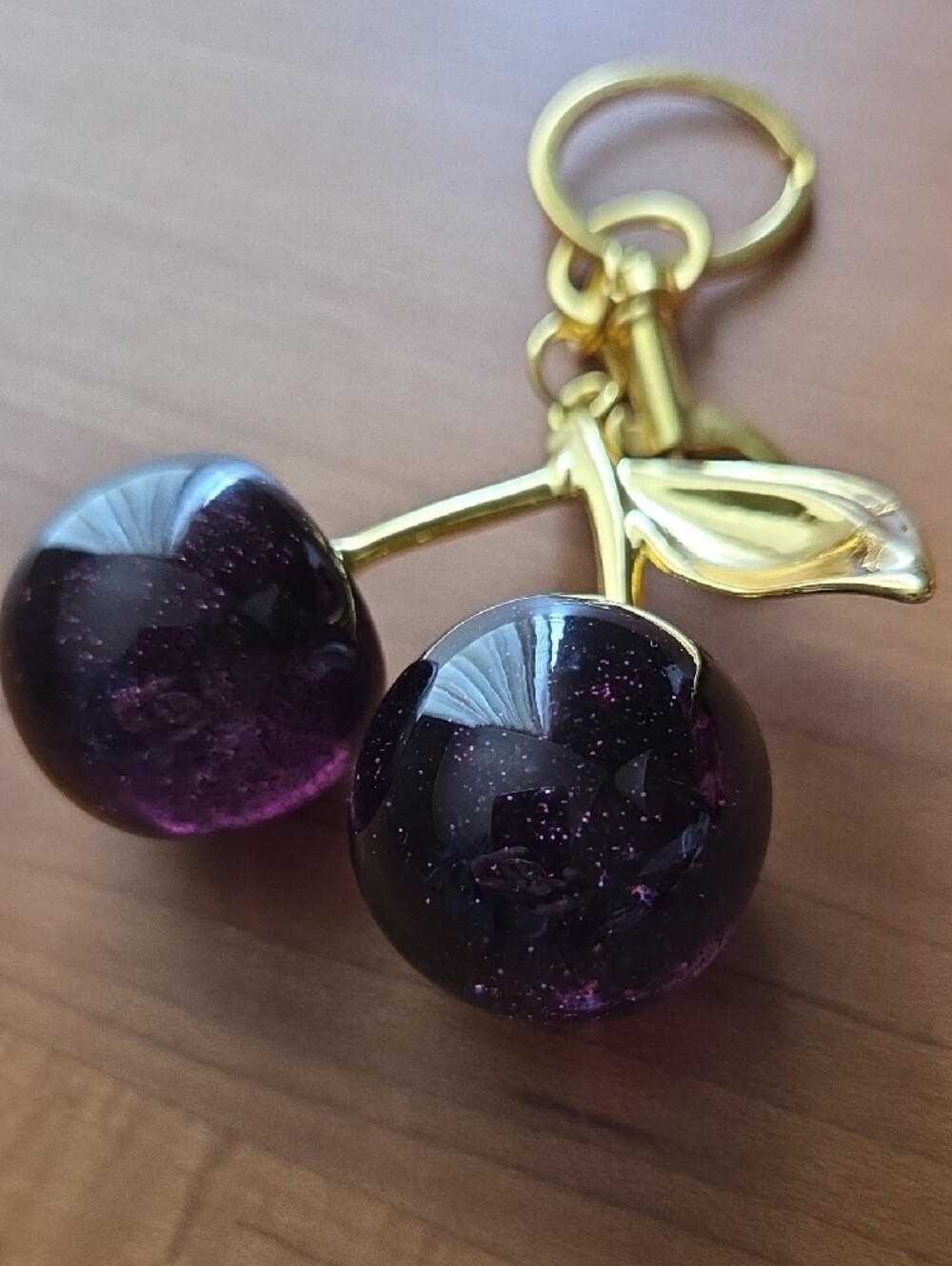Gold Cherry Keychain with Black Glitter Cherries - Picture 4 of 7